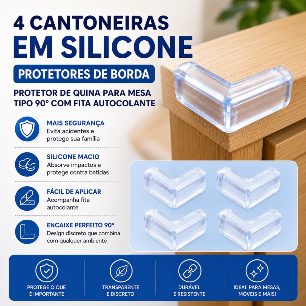 Protetores de Borda Cantoneira em Silicone Protetor De Quina Para Mesa  Tipo 90°Com 4 Peças e Fita Autocolante