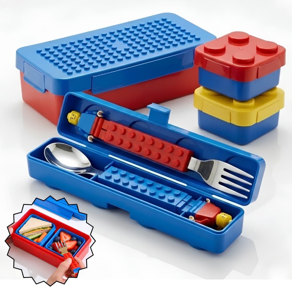 kit marmita infantil 3 peças, c/ talheres, lancheira escolar Bloco de Montar, lego, Hermético