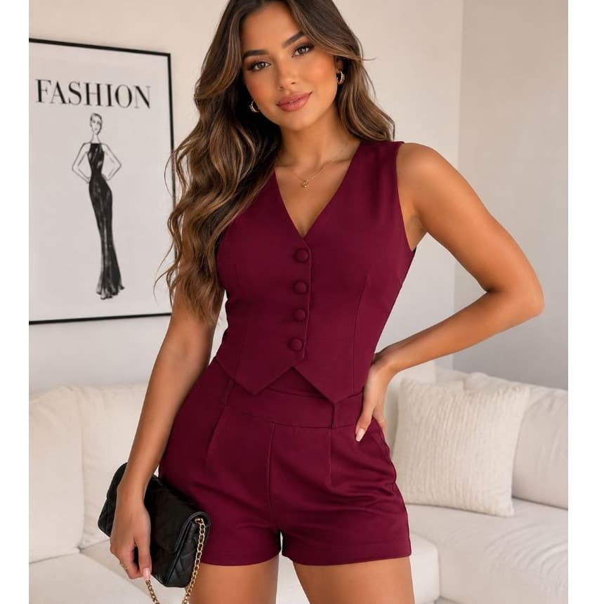 Conjunto Feminino Alfaiataria Luxo - Short e colete Social Elegante Moda Verão 2026