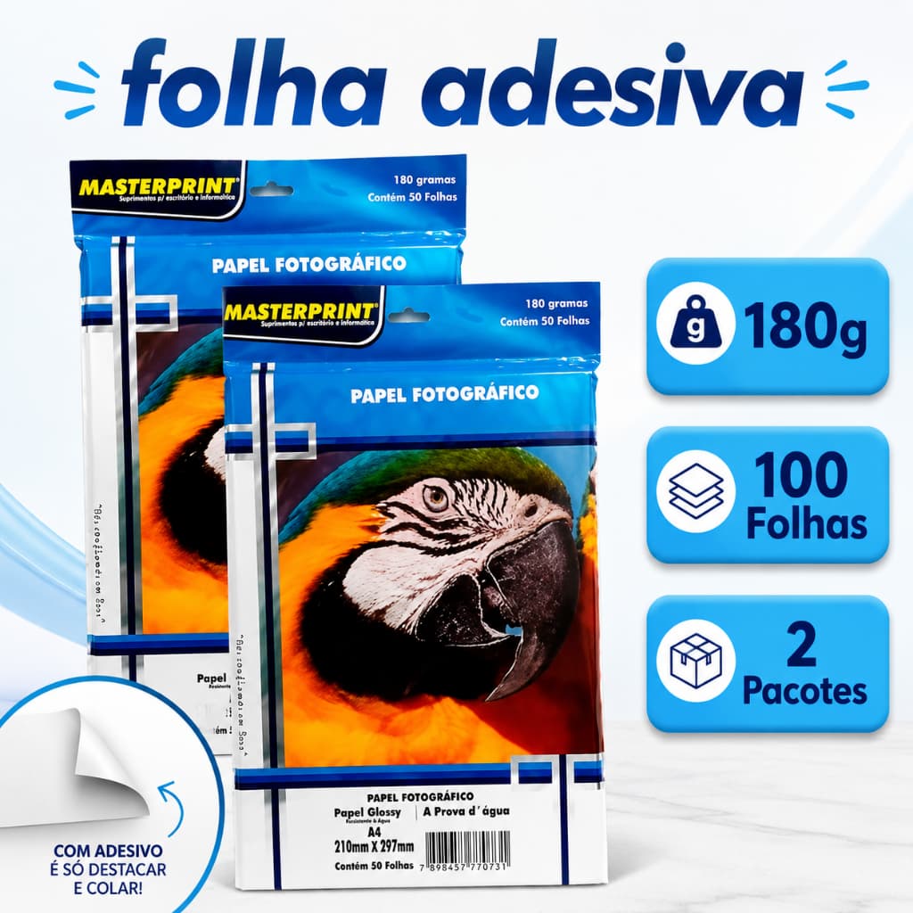Papel A4 Adesivo Fotográfico 180g Folha Brilhante à Prova D'água - MASTERPRINT