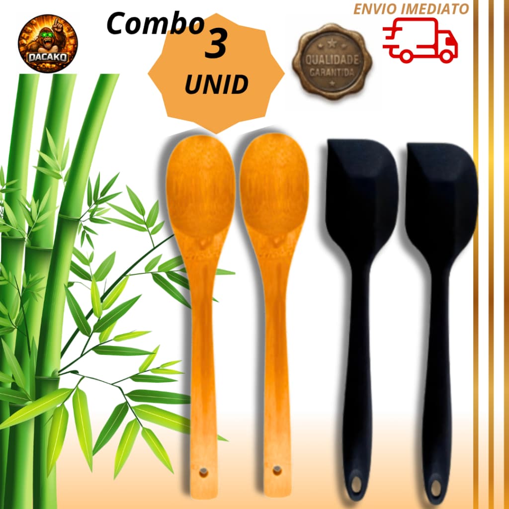 Combo Colheres de Bambu Peças Cozinha Espátula Colher de Pau Madeira Natural Antiaderente Resistente