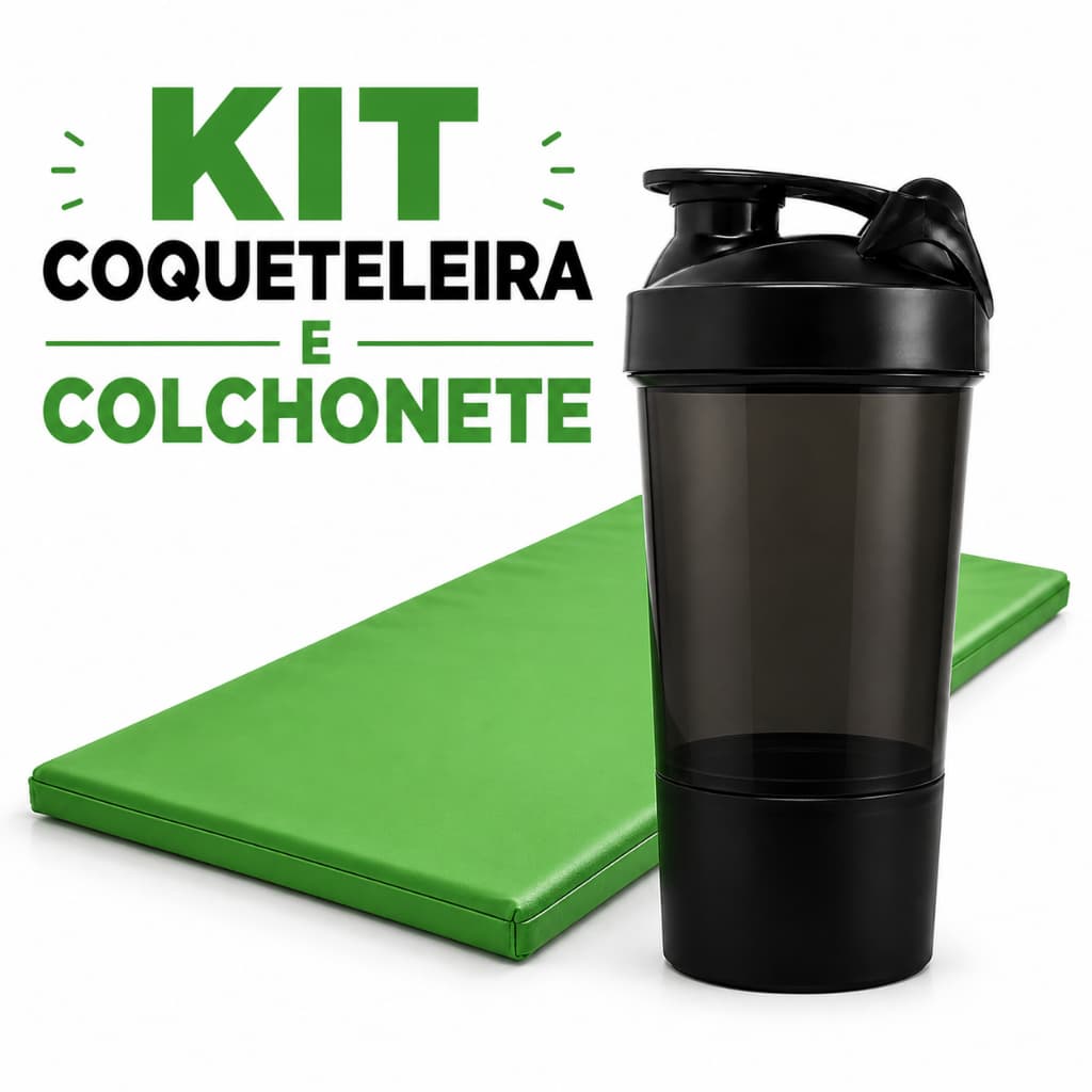 Kit Completo Academia Coqueteleira Preta Shake 600ml + Colchonete Verde Fitness