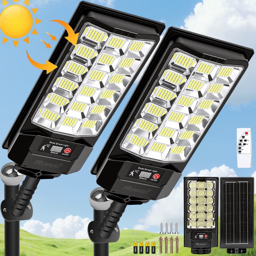 Kit 2 Luminaria Poste Solar Externa 900w Com Sensor Iluminação Ip67 Parede Preto