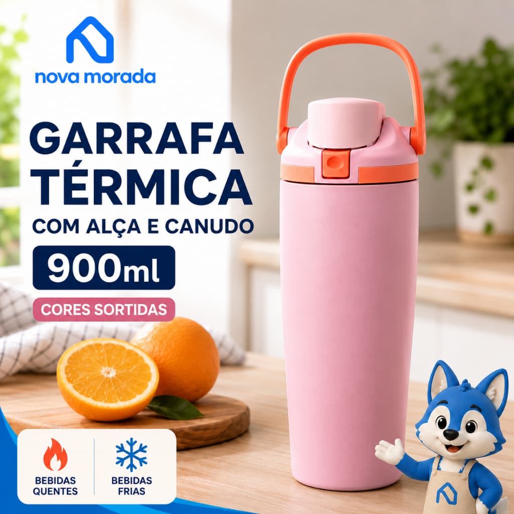 Garrafa Térmica 900ml Canudo Alça Inox Sortida Antivazamento Água Academia Trabalho Viagem Quente