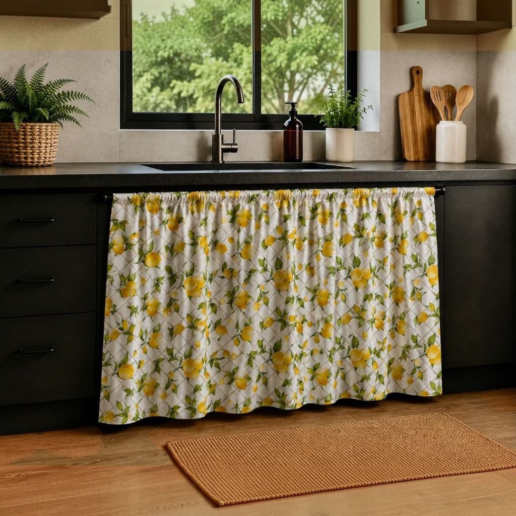 Cortina de Pia Cozinha Estampada Em Tecido Oxford Uma Parte Só 1,40m x 0,80cm Cortina Pequena Todas Com Ilhós