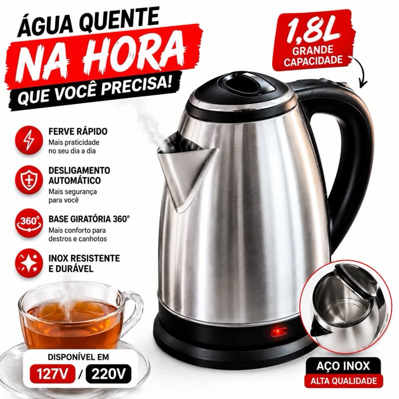 CHALEIRA ELÉTRICA INOX 1,8L ou 2L 127V ou 220V Com Base Giratória - PRATA OU VERMELHA