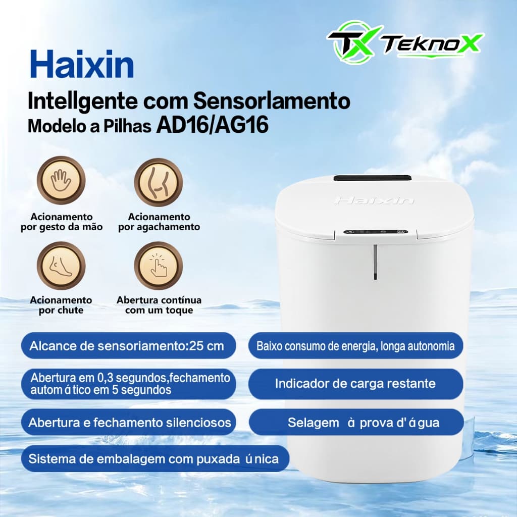 Caixote do Lixo Inteligente, 16 Litros, Com Sensor Inteligente, Alimentado Por Bateria De Lítio e Energia Solar