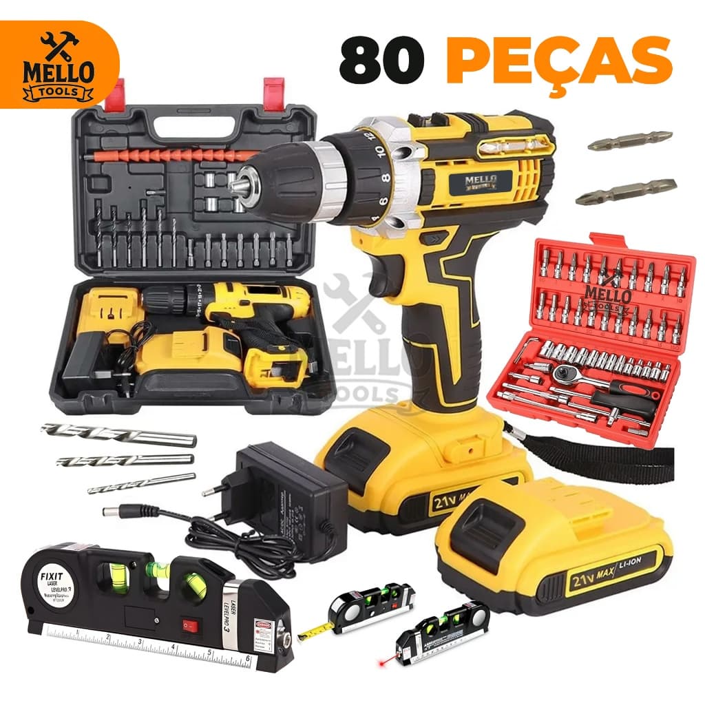 Parafusadeira Furadeira 48V Sem Fio + Kit Ferramentas 80 Peças + Nível Laser Multifuncional Bateria Mello Tools
