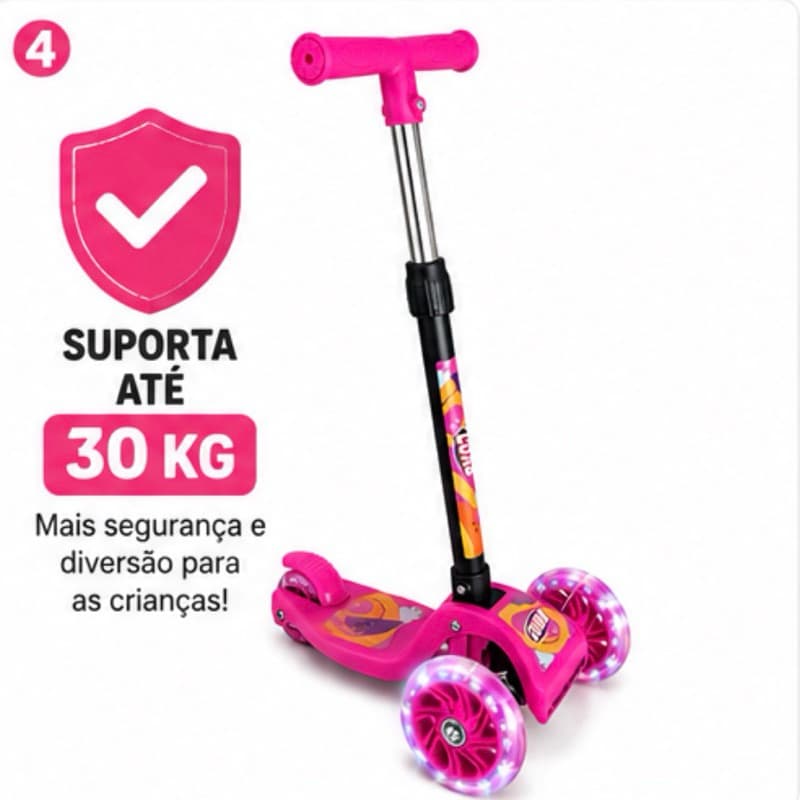Patinete Infantil 3 Rodas com LED nas Rodas Dobrável Guidão Ajustável Suporta 30kg Rosa