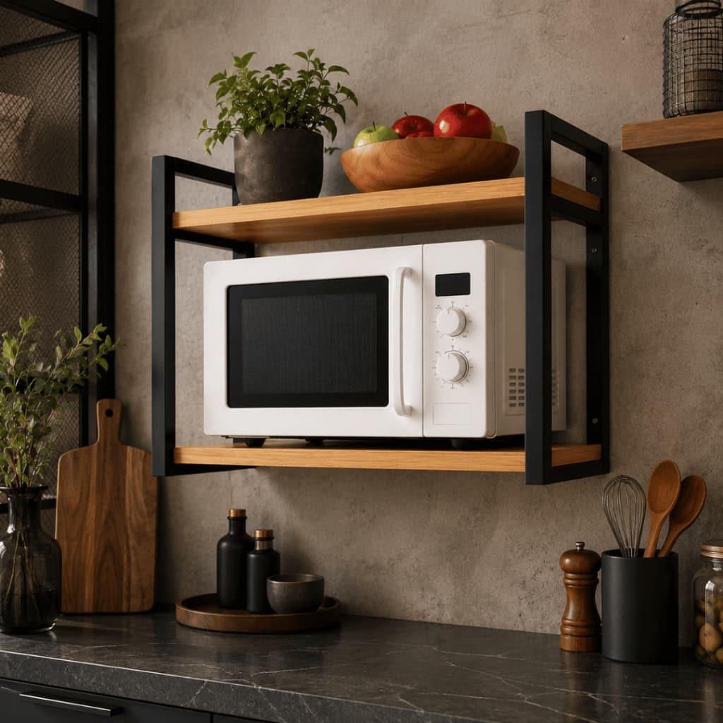 Suporte Industrial Cozinha Organizador para Air Fryer Micro-ondas de Parede Suporte Suspenso Multiuso MDF e Aço Carbono