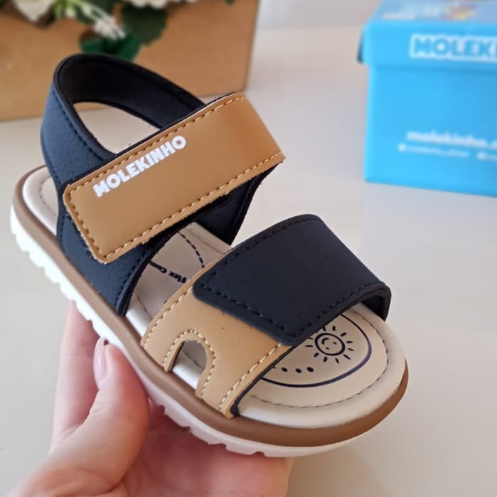 Sandália Infantil  menino Molekinho Papete Preto e Caramelo com Velcro