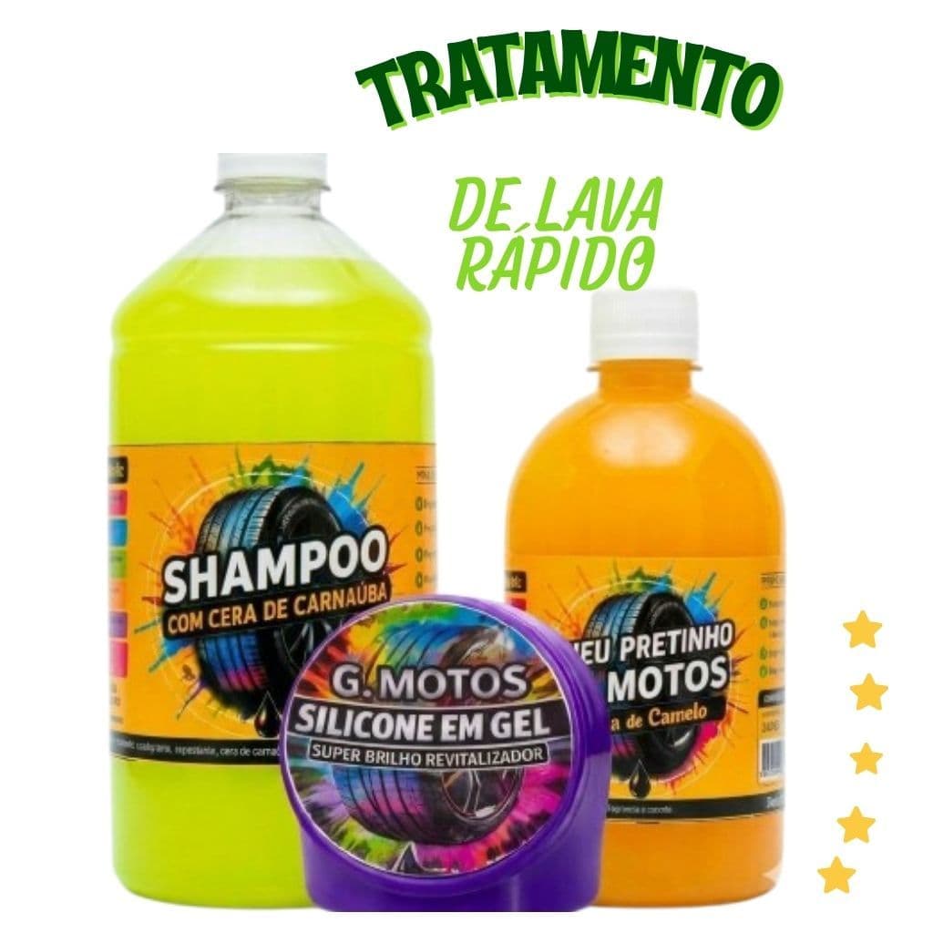 Kit Lavagem Completa Carro Moto Shampoo Cera De Carnaúba1LITRO  + Pretinho Baba Camelo 500ml + Silicone Em Gel
