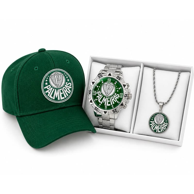 Kit Palmeiras Masculino – Boné Bordado + Relógio + Corrente com Pingente
