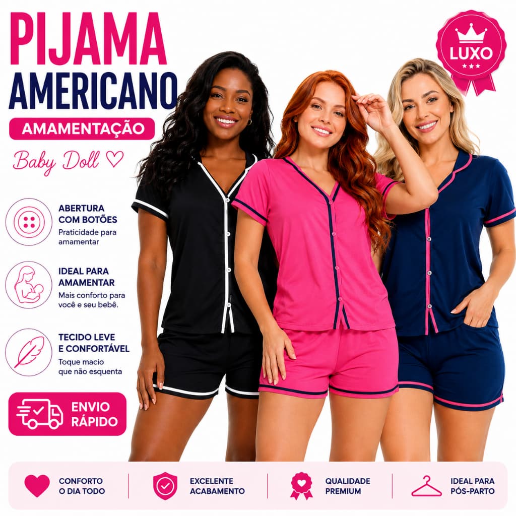Pijama Americano Amamentação Feminino Baby Doll Botões Luxo Maternidade Pós-Parto Confortável Manga Curta