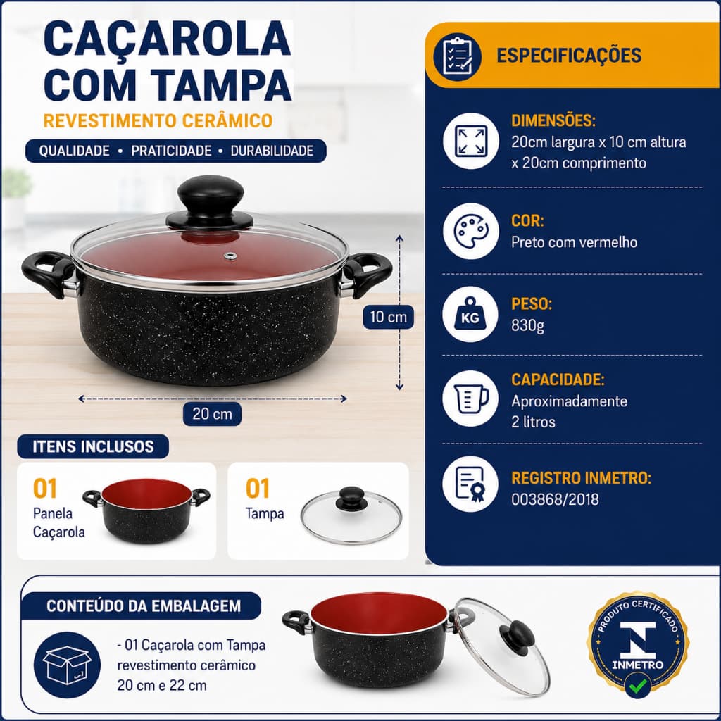 Panela Antiaderente Caçarola Com Tampa Revestimento Cerâmico 22cm 20cm