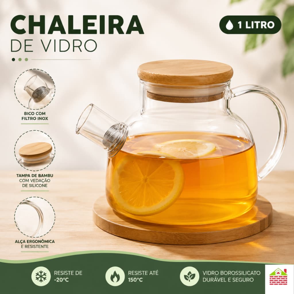 Chaleira Vidro Borossilicato 1 Litro Coador Inox Tampa Bambu com Vedação Silicone Premium