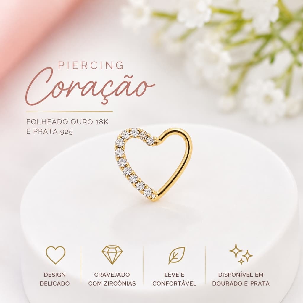 Piercing de Orelha Coração com Strass Cravejado deith Direito e Esquerdo Folheado a Prata 925 e Ouro 18K