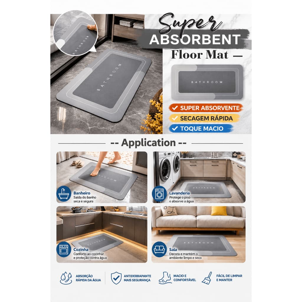 Tapete Banheiro Antiderrapante 400g Premium Super Absorvente Secagem Rápida Toque Macio Cozinha Varanda 39x59cm