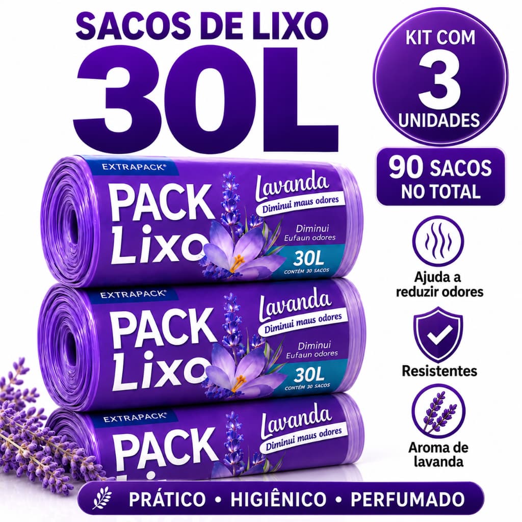 Kit 3 Rolos Saco de Lixo 30L Lavanda Perfumado Reforçado Anti Odor 59x62