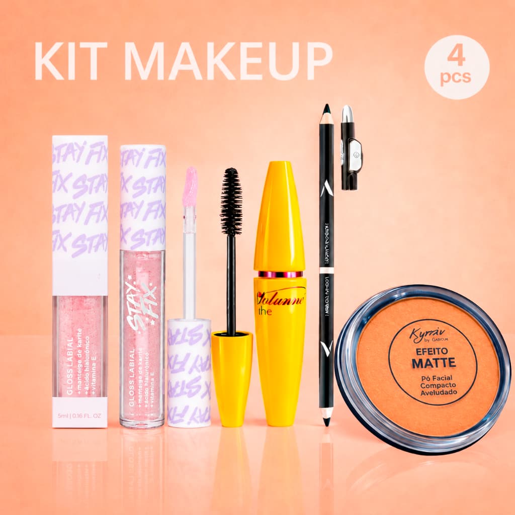 Pó Compacto, Máscara de Cílios, Lápis Vivai e Gloss Lip Brilhoso: Kit Maquiagem 4 Itens