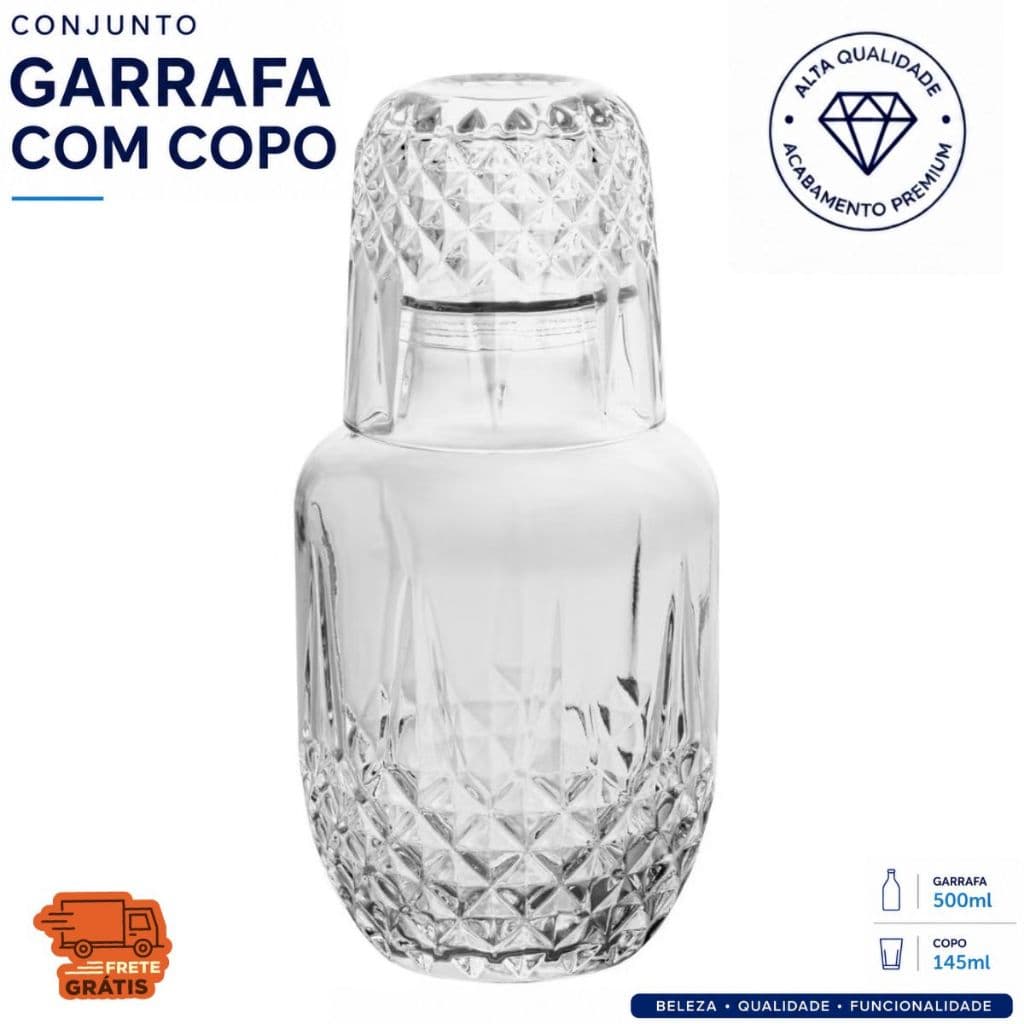 Moringa de Vidro Tipo Cristal 500ml Com Tampa Copo 145ml Elegante Escritório Destilados Suco Água