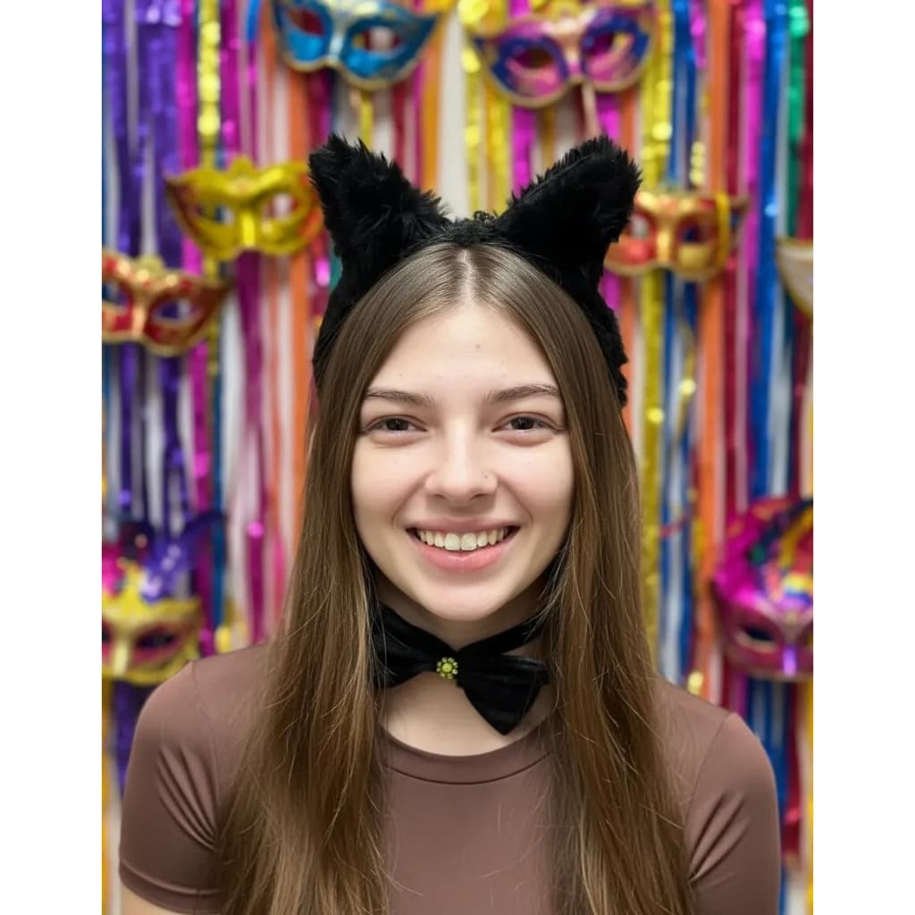Kit Tiara Gatinha Pelúcia Preta Com 3 Pçs Carnaval