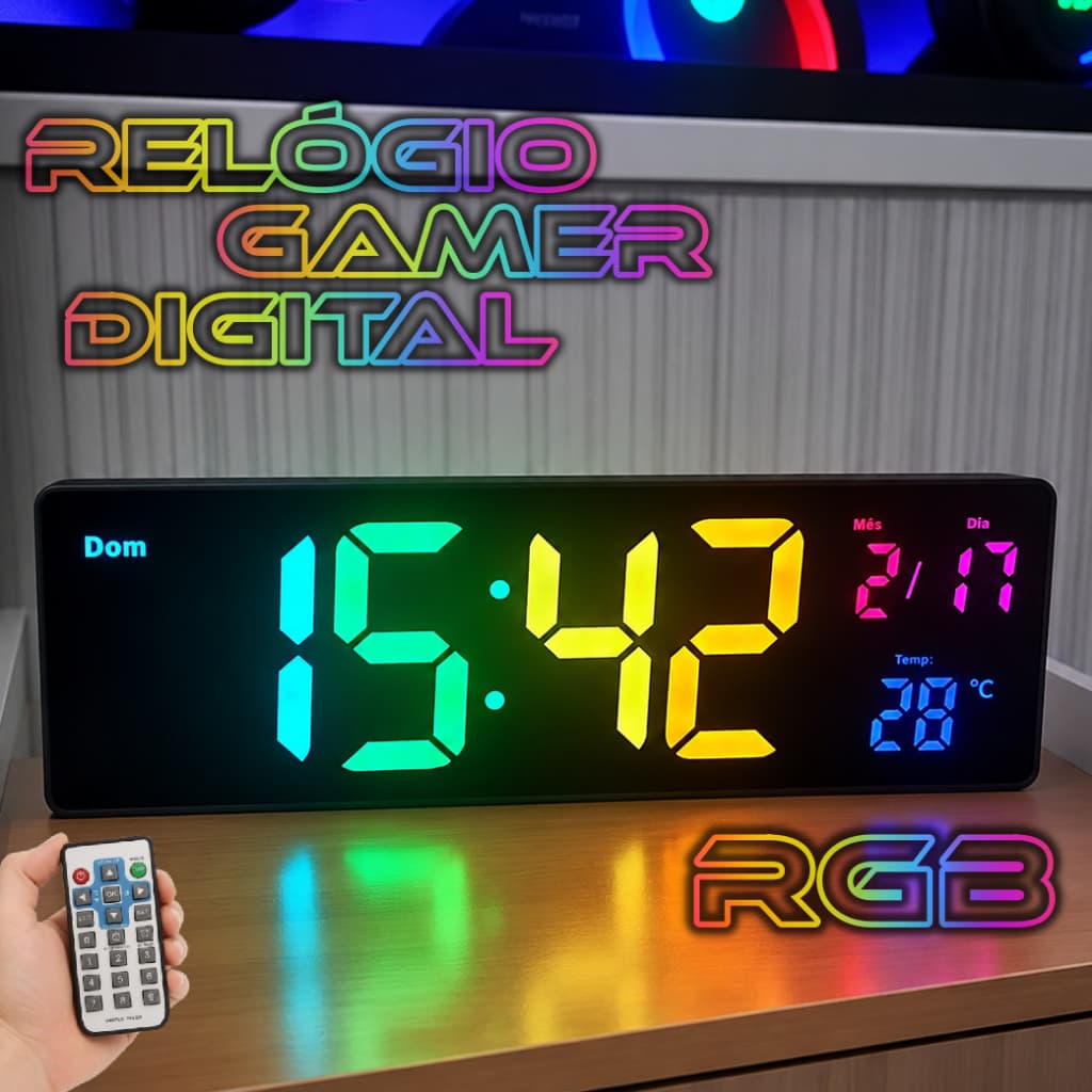 Relógio Digital De Parede Mesa Grande Led Com Controle Temperatura Alarme Calendario Cronômetro USB Timer RGB Gamer