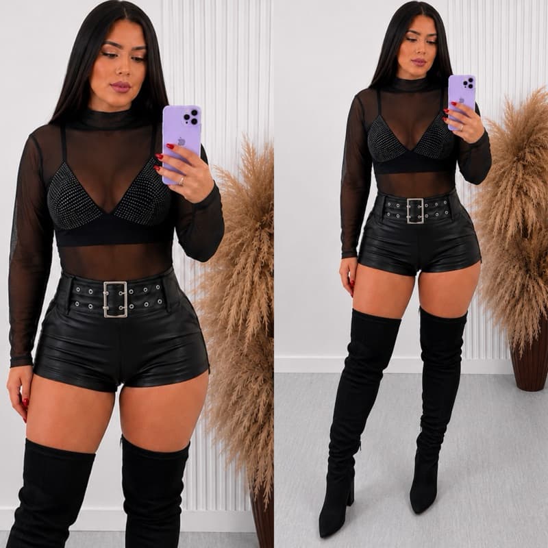 Conjunto Feminino Adulto – Body Tule + Top + Micro Shorts Couro Eco com Cinto