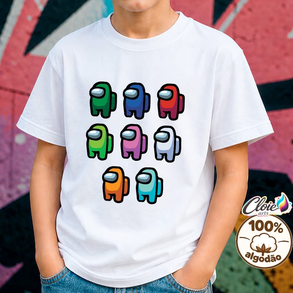 Camiseta Infantil 100% Algodão Gamer Moderno Personagens  Amongs  Coloridos  Conforto  Diversão  Estampa Temática Kids .