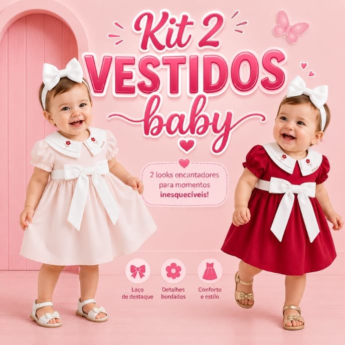 Kit Dois Vestidos Bebes Rosa E Vemelho Bordado Detalhe Em Laço Para Bebes Vestidinhos Kids Baby