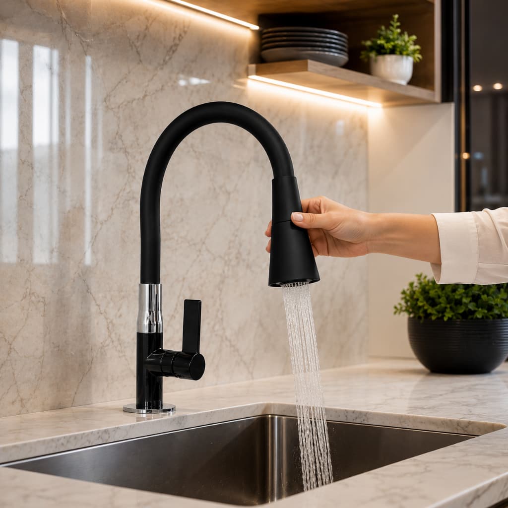 Torneira Pia Bancada Cozinha Gourmet ABS Preta Flexível 2 Jatos 1/4 de Volta Para Mesa