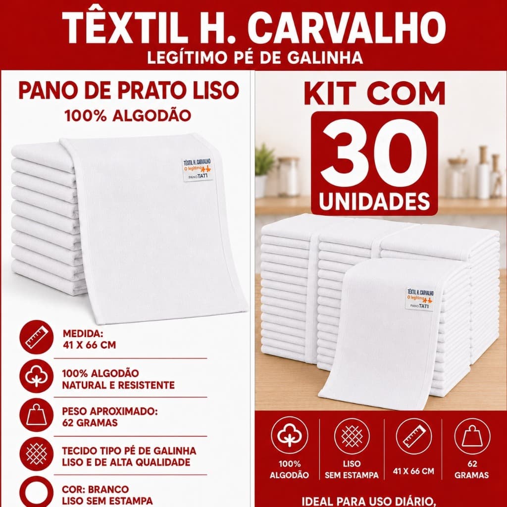 Pano Prato Pé De Galinha Tati Com Bainha Liso Branco H. Carvalho - Kit com 30un - Secar - Bordar