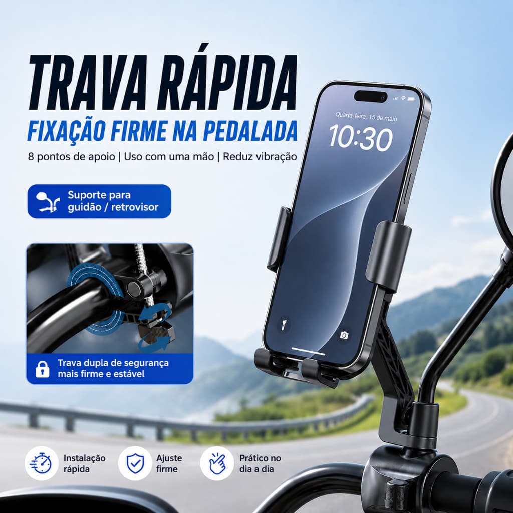 Suporte Universal 2 em 1 para Moto com Giro 360° no Guidão ou Retrovisor