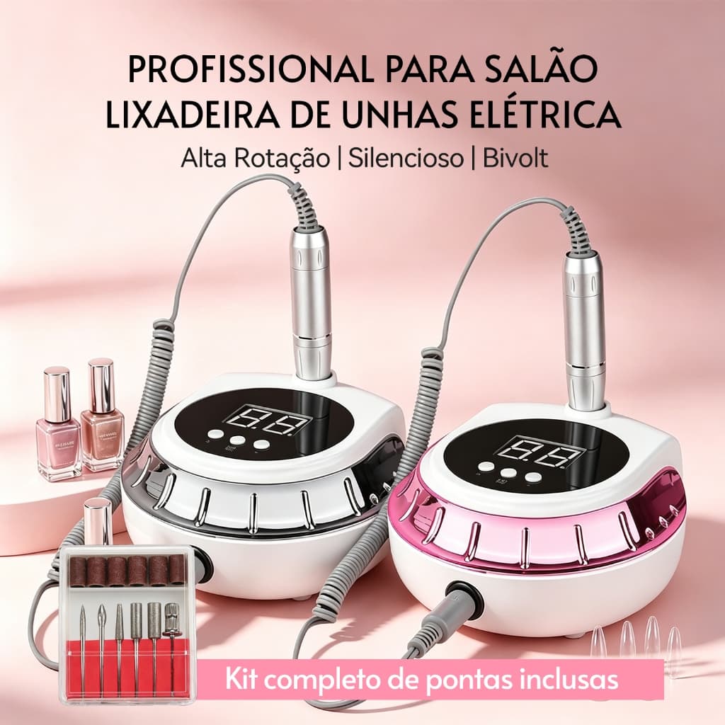 Kit 2 Peças Fresa Lixadeira Unhas 45000RPM LED Bivolt Silencioso 6 Brocas Gel Acrigel Salão DIY