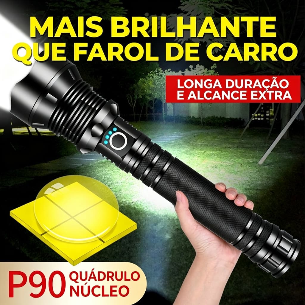 Lanterna tática LED recarregável P90, alta luminosidade, 3 modos, à prova d'água