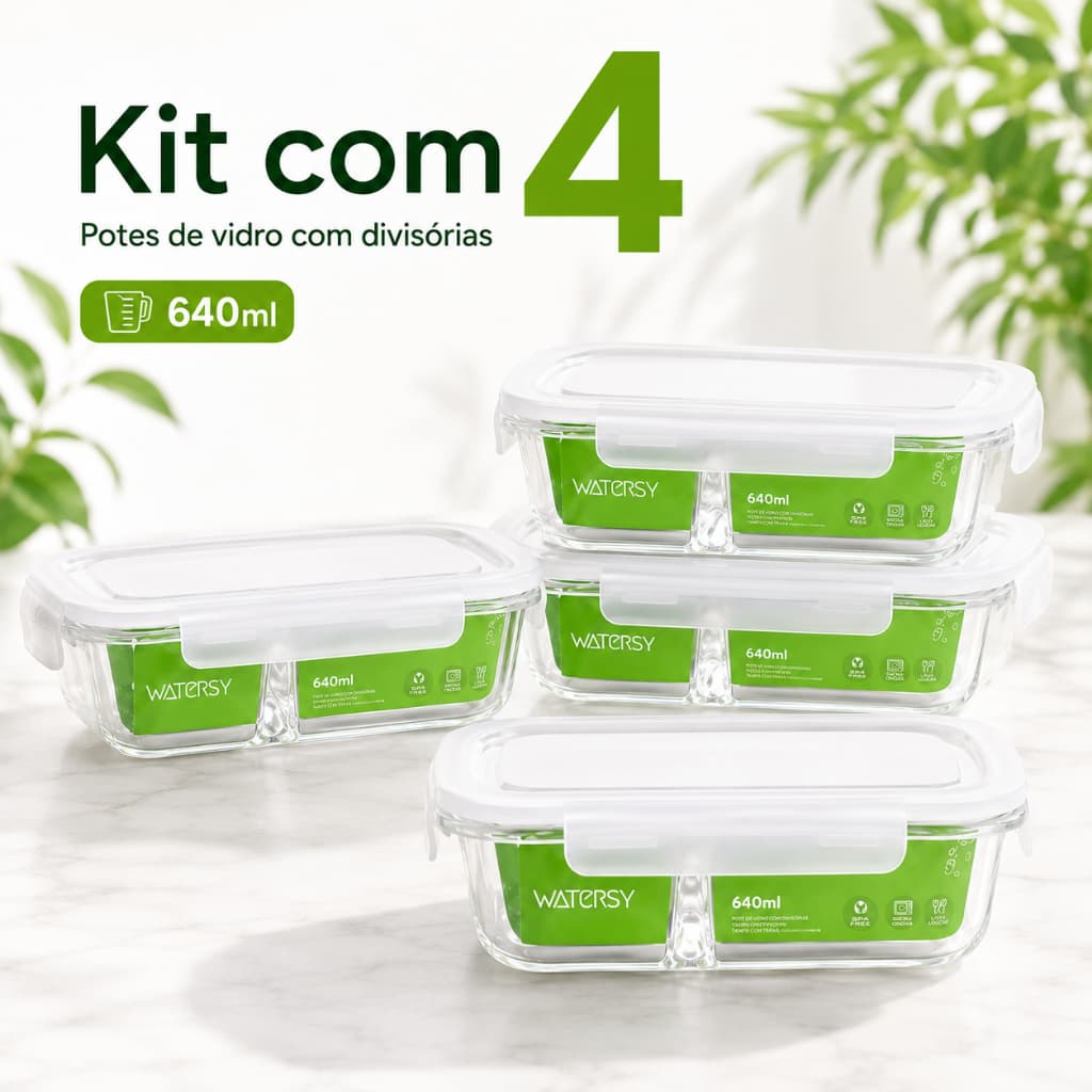 Watersy 12 Kit Potes Herméticos de Vidro com Divisórias 640ml 4 6 10 ou 12 Peças