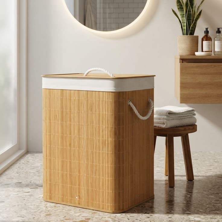 Cesto Organizador Roupas Bambu 50 Litros Tampa Alcas Resistente Casa Banheiro