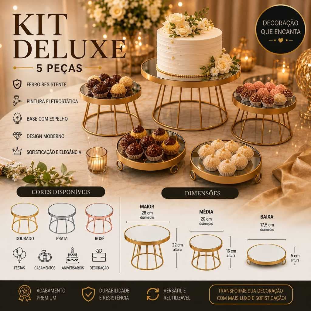 Kit Festa 5 Peças Boleira e Doceiras Deluxe Para Decorações