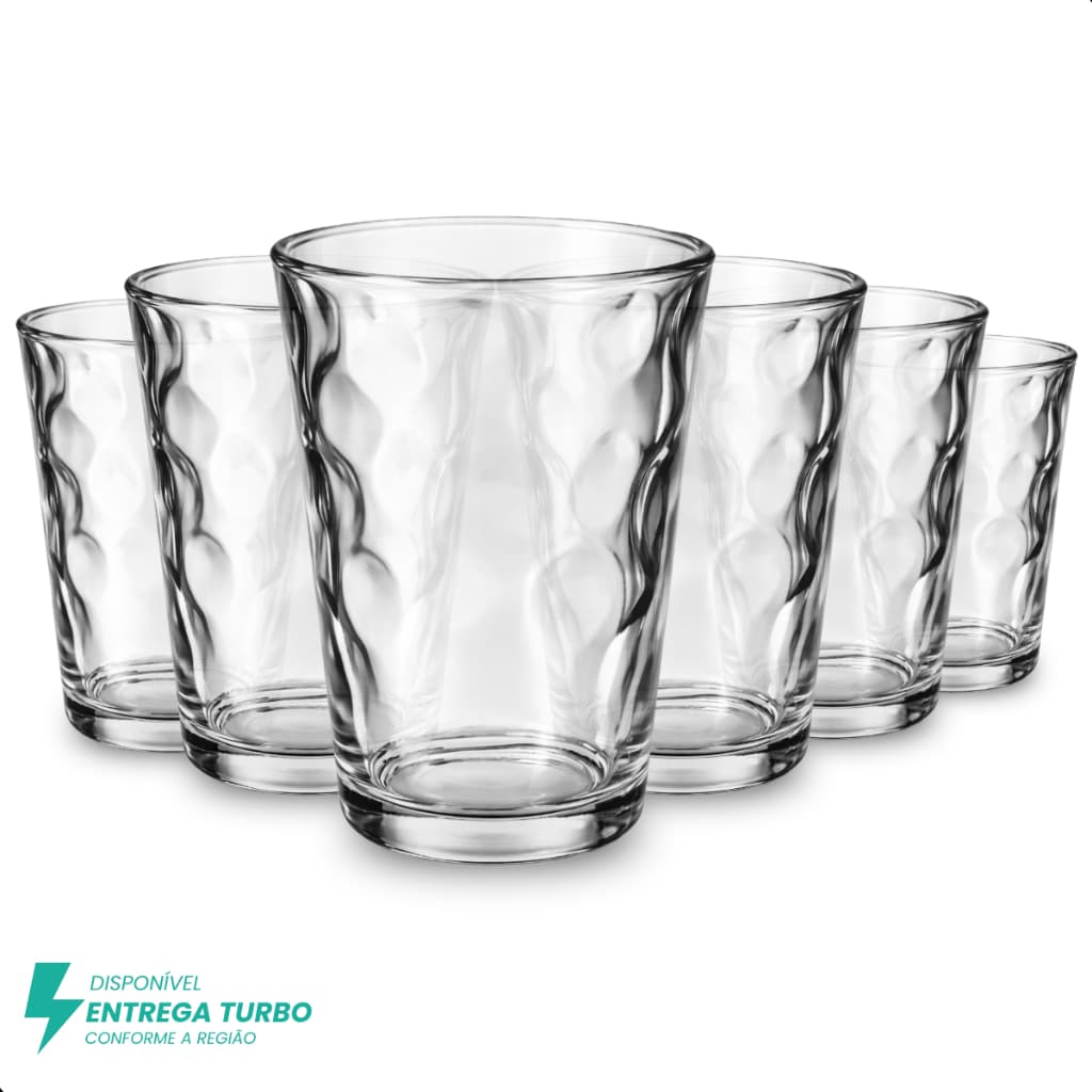 Kit 6 Copos de Vidro 190ml Transparente, Ideal para Água, Sucos, Drinks, – Copo com Detalhes Bolinha
