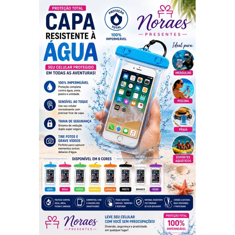 Capa impermeável universal para celular. Toque sensível, vedação segura. Cores: rosa, roxo, azul, branco e amarelo.