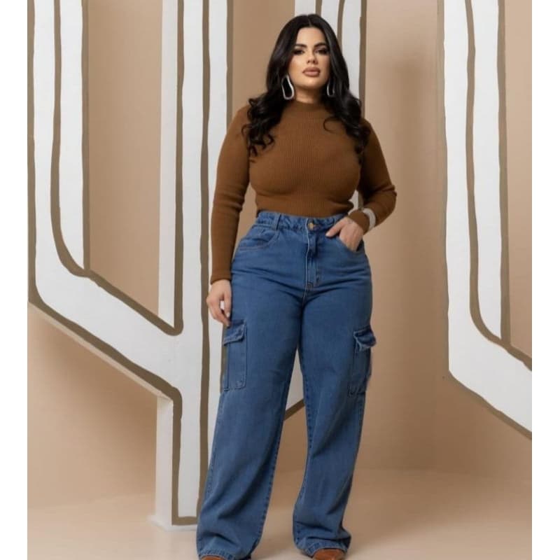 Calça Jeans Feminina Cargo Wide Leg Plus Size Cintura Alta Tendência