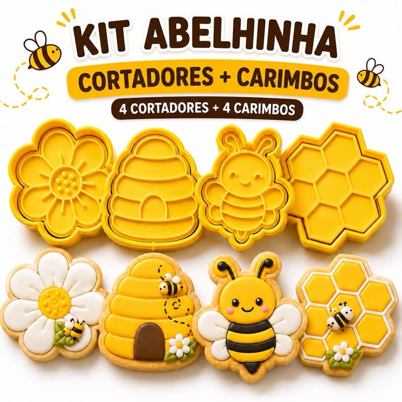 Kit Cortadores + carimbo bichinho Abelhinha Biscoito Massinha Pasta Americana Confeitaria Infantil Molde Massinha Abelha