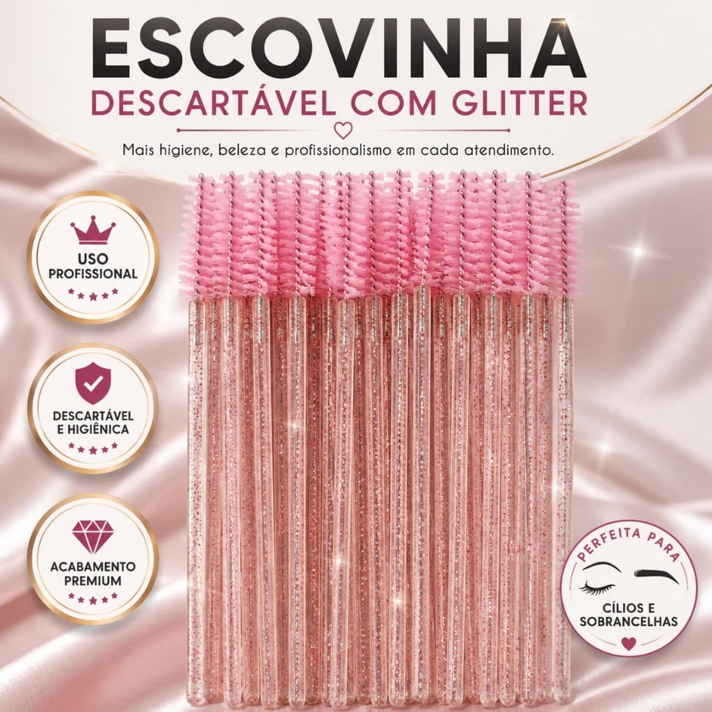 Kit Escovinha Descartável Cílios e Sobrancelhas com Glitter Lash Design Profissional Maquiagem
