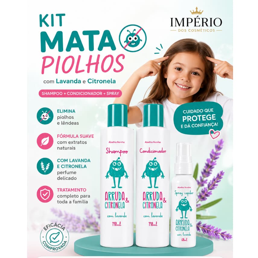 Kit Mata Piolho e Lêndeas Shampoo + Condicionador + Spray Citronela e Arruda - Abelha Rainha