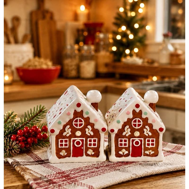 Saleiro e Pimenteiro Casinha de Natal em Cerâmica Decorativa_2 unidades.