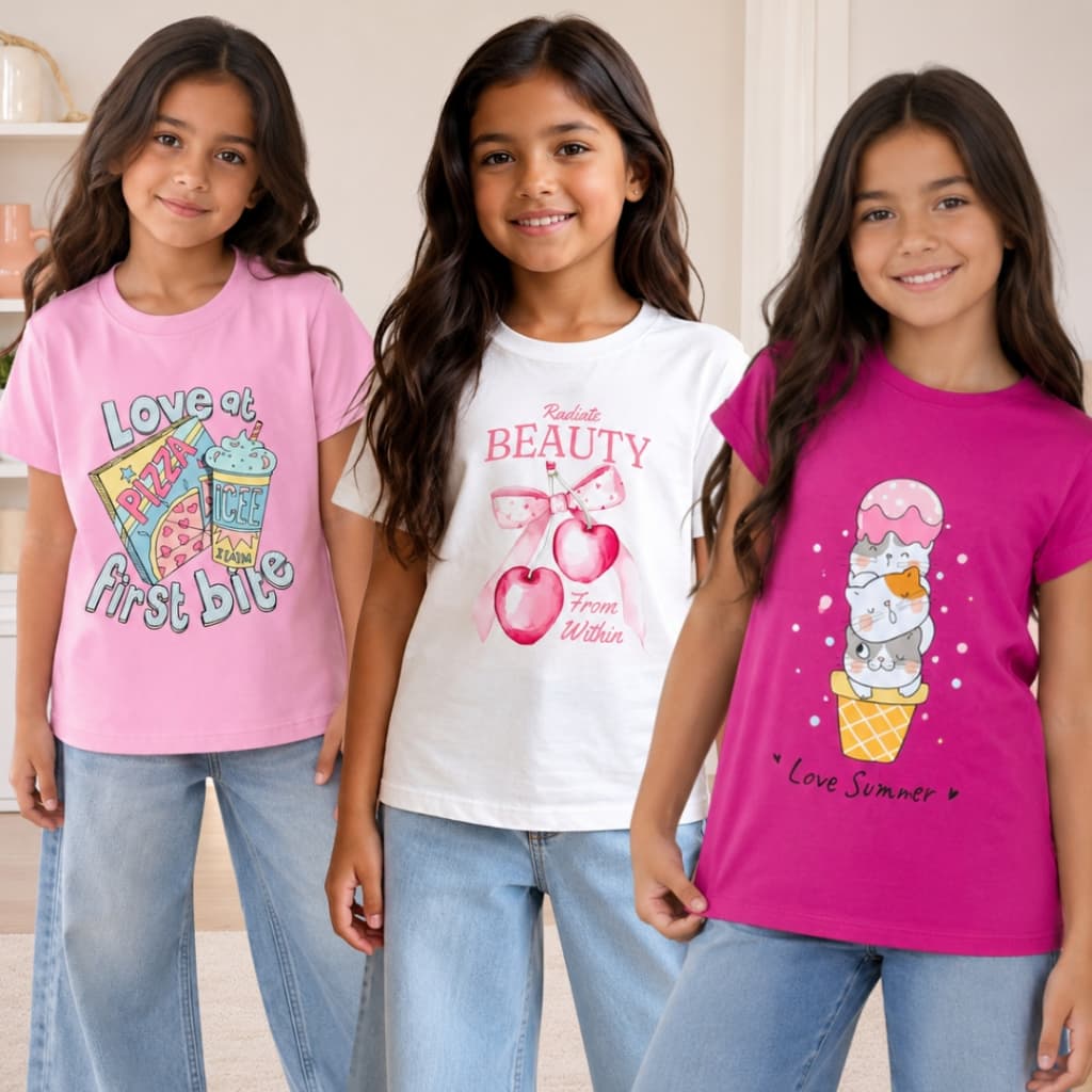 Kit 3 Camisetas Infantil Feminina Manga Curta Algodão Premium Blusa Menina Estampada Roupa Infantil