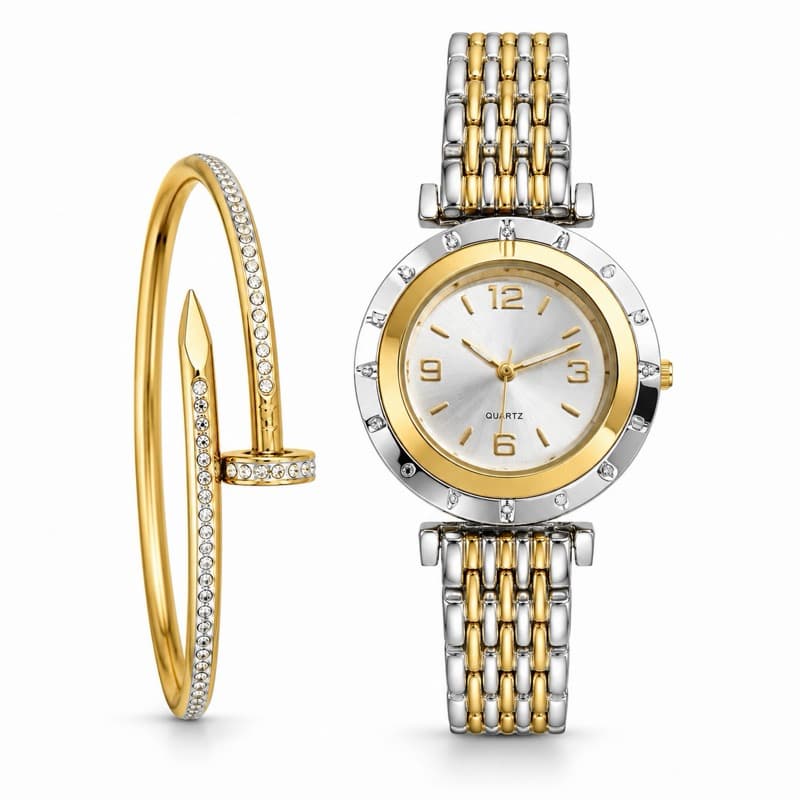 Relógio Feminino Redondo Giratório com Bracelete Prego Aço Inoxidável A Prova D' Água