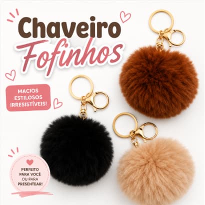 Chaveiro Pompom Pelúcia | Fofo Fashion para Bolsa e Chaves
