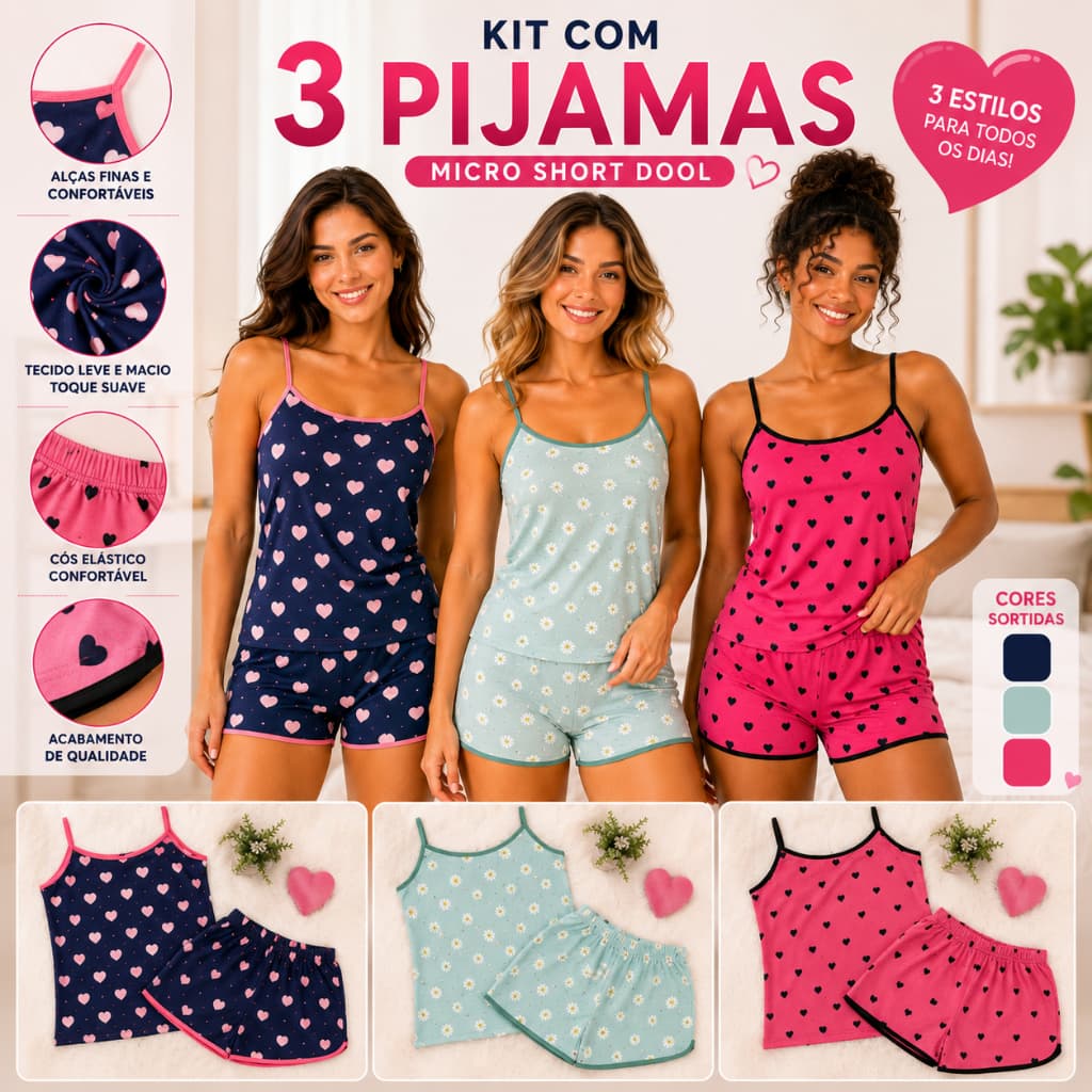 KIT 3 Pijamas Femininos Short Doll Alça Conforto Pijama Modelos Sortidos