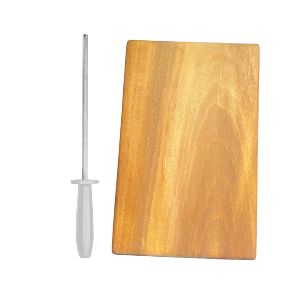 Kit Chaira Estriada 8" Afiador Amolador Facas + Tábua de corte madeira Muiracatiara 28cm